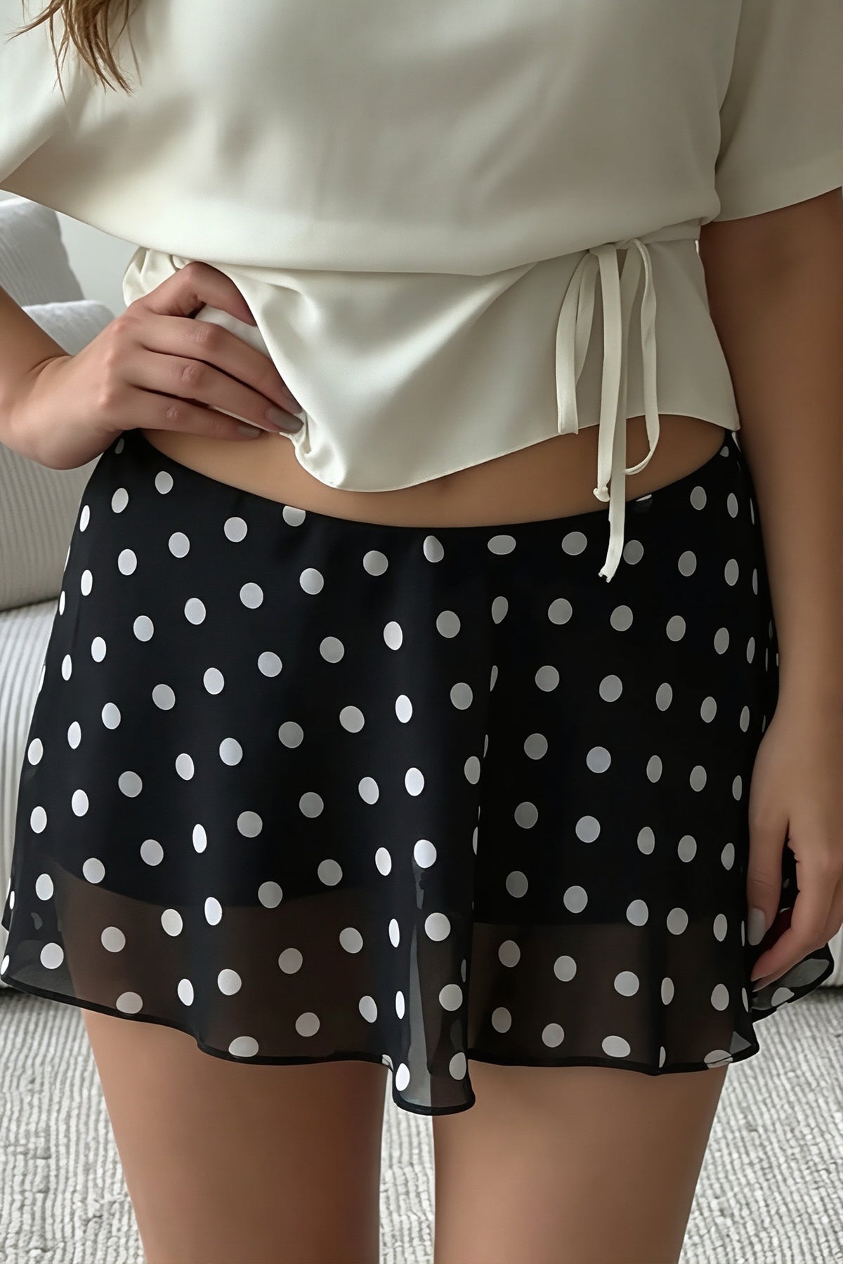 Sheer Ruffle Polka Dot Mini Skirt