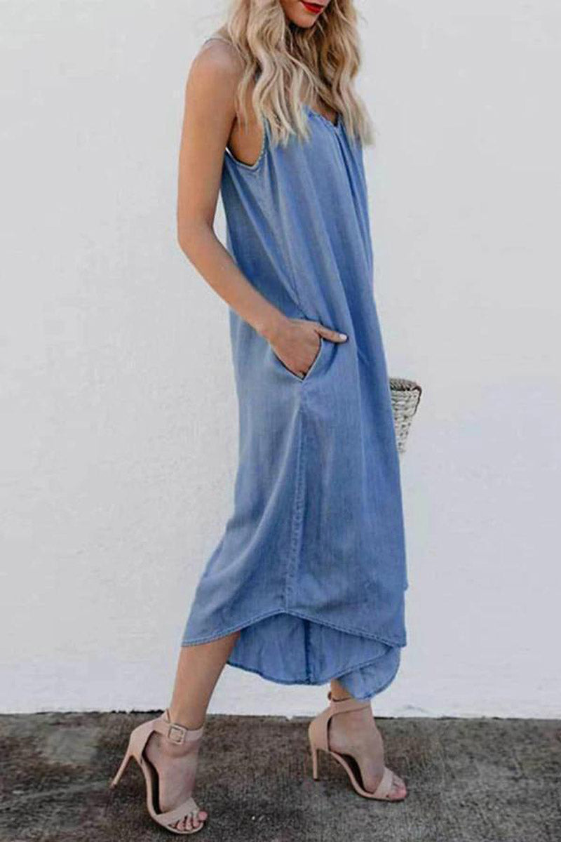 Sleeveless V-neck Wide Leg Denim Jumpsuit - Fashionpara
