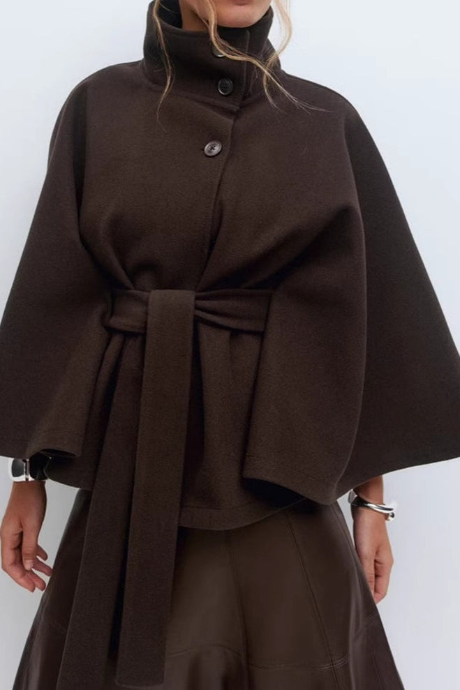 Belted Trench Coat with Cape Collar - Elegant Solid Color