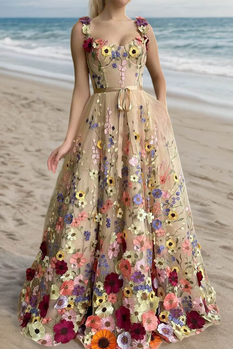3D Floral Embellished Maxi Dress Suspender Skirt - Fashionpara