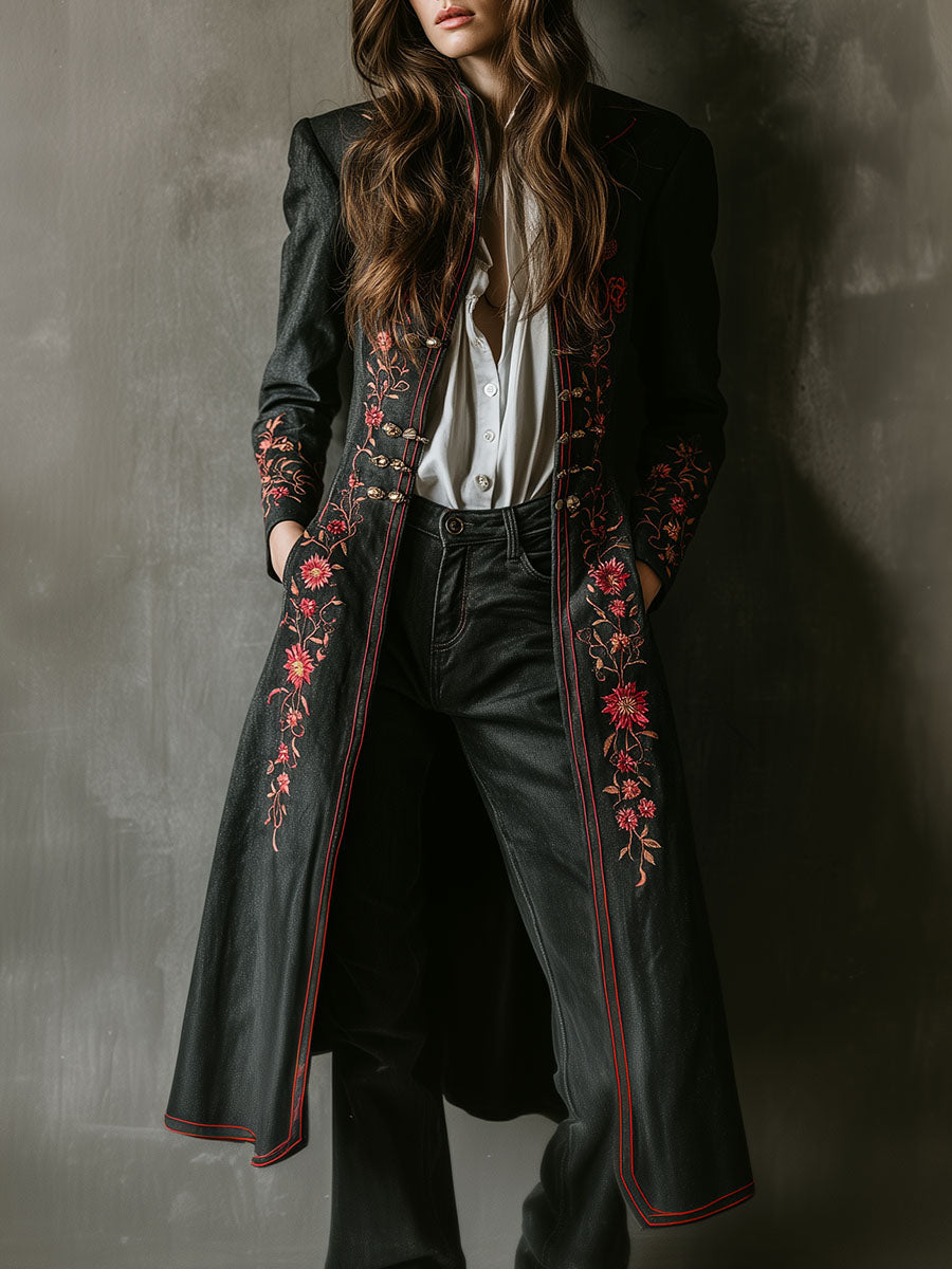 Retro Boho Floral Embroidered Black Long Coat - Fashionpara