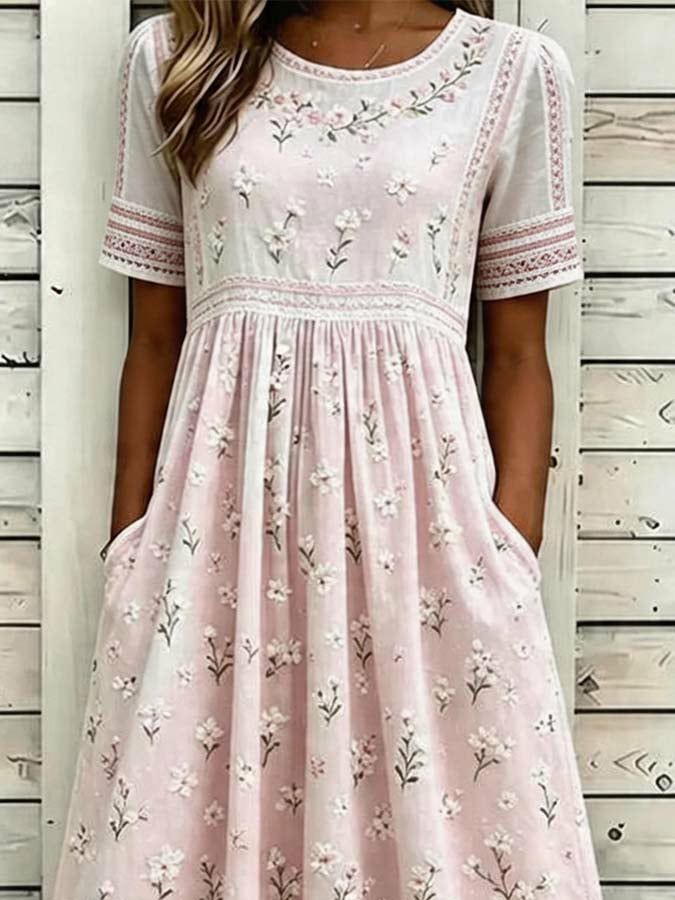 Round Neck Short Sleeve Floral Embroidered Tiered Midi Dress