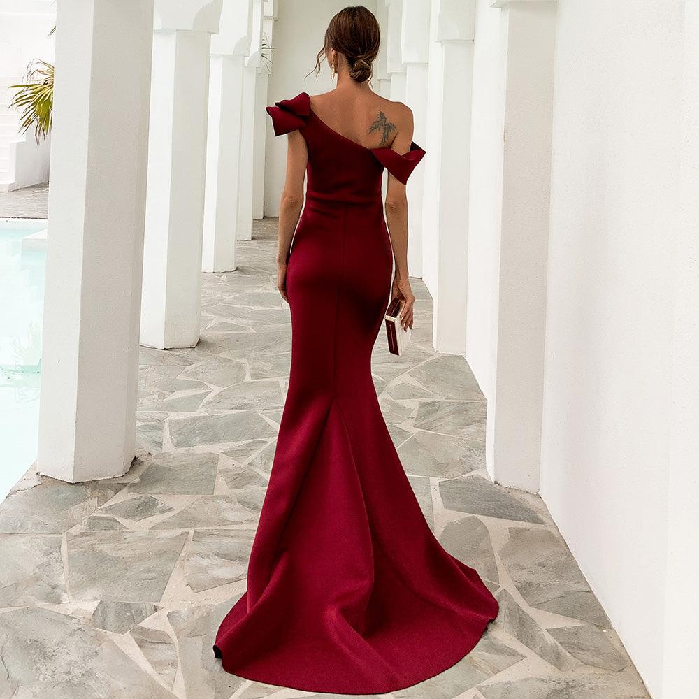Ruffled Single Shoulder Evening Dress - Fashionpara