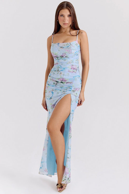 Floral Spaghetti Strap Ruched High Split Slip Maxi Dress