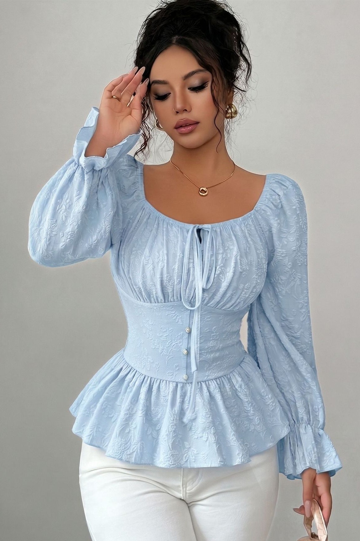 Square Neck Tie Front Peplum Blouse