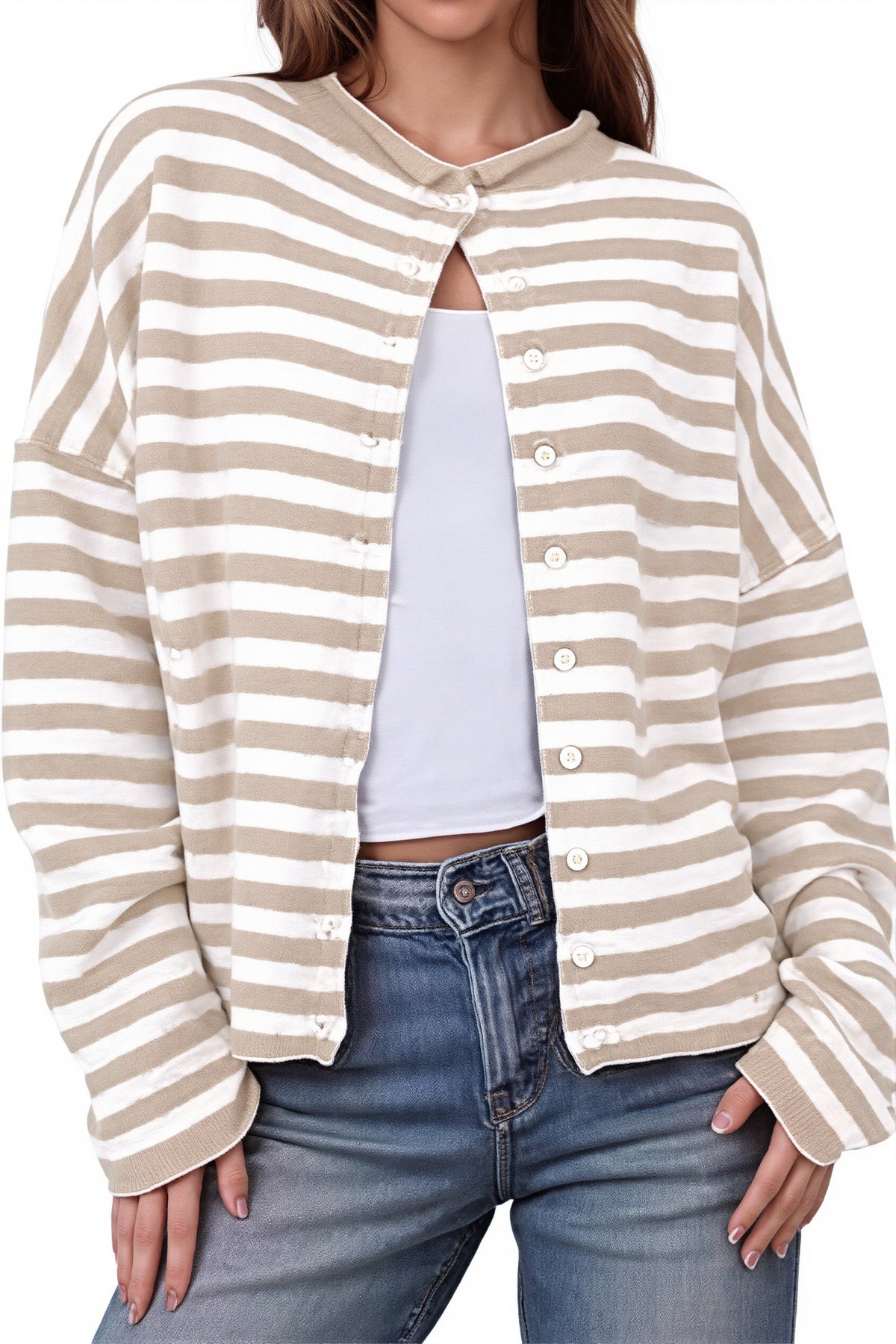 Neutral Stripe Crew Neck Button Knit Cardigan