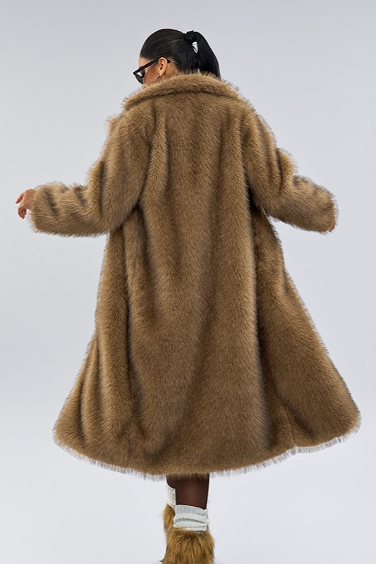 Notched Lapel Faux Fur Long Extended Overcoat - Fashionpara