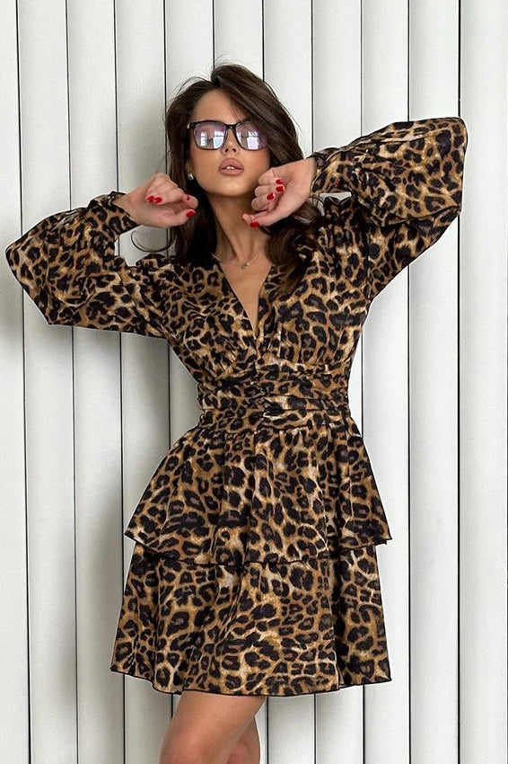 Leopard Print V-Neck Ruffle Mini Dress