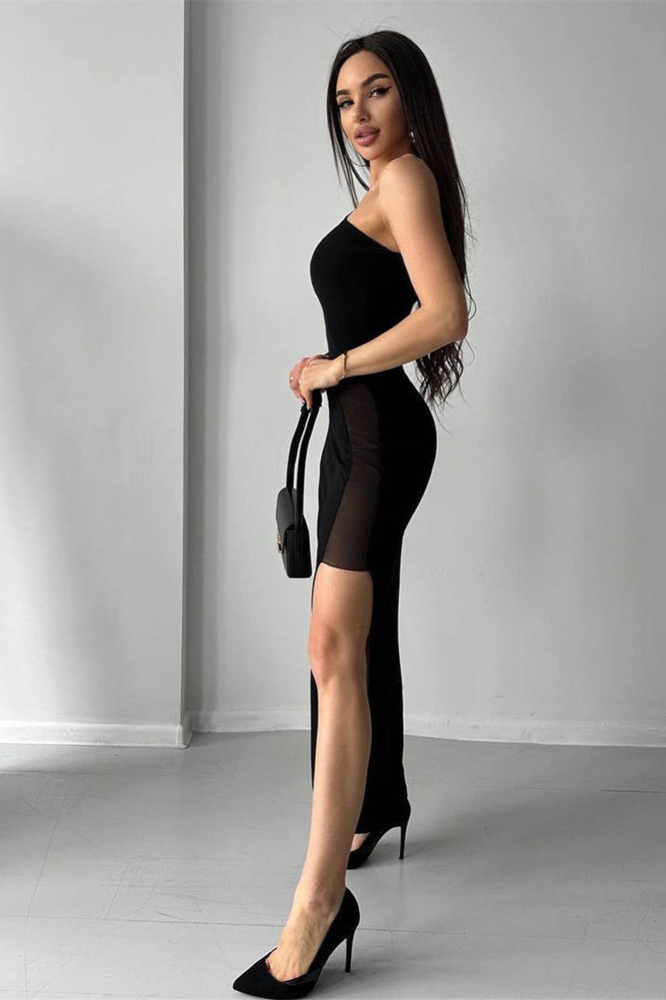 Asymmetrical One Shoulder Mesh Midi Dress - View 4