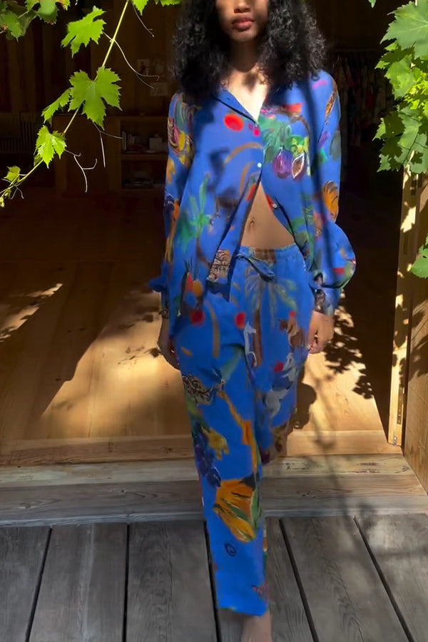 Unique Print Lapel Long Sleeve Loose Shirt and Elastic Waist Pocket Wide Leg Pants Set - Fashionpara