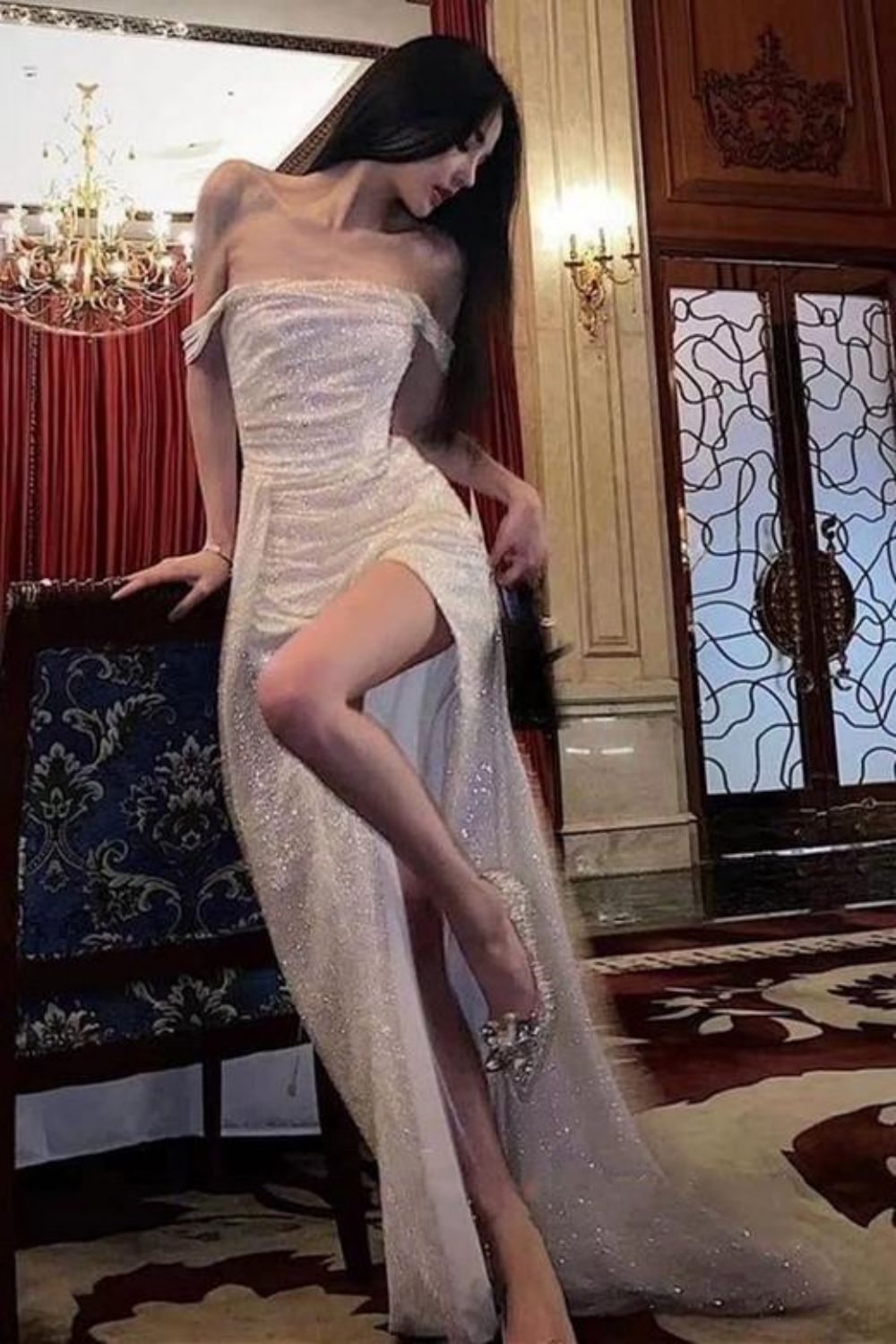 Elegant Mermaid Off the Shoulder Silver Sequins Long Prom Dress with Split Front - Fashionpara