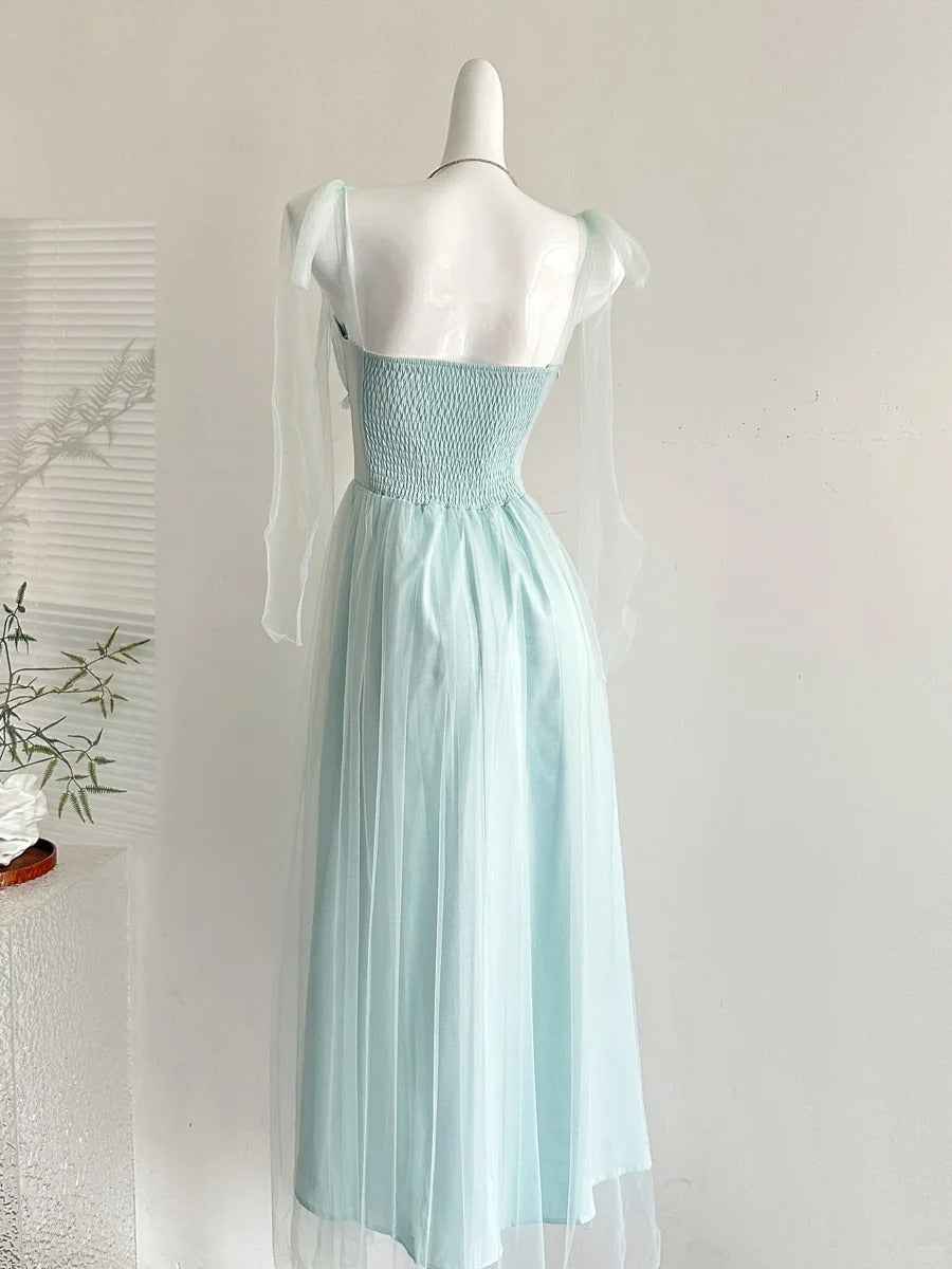 Elegant Light Blue A-line Square Neck Tulle Long Prom Dress Evening Dress Bridesmaid Dress P4008