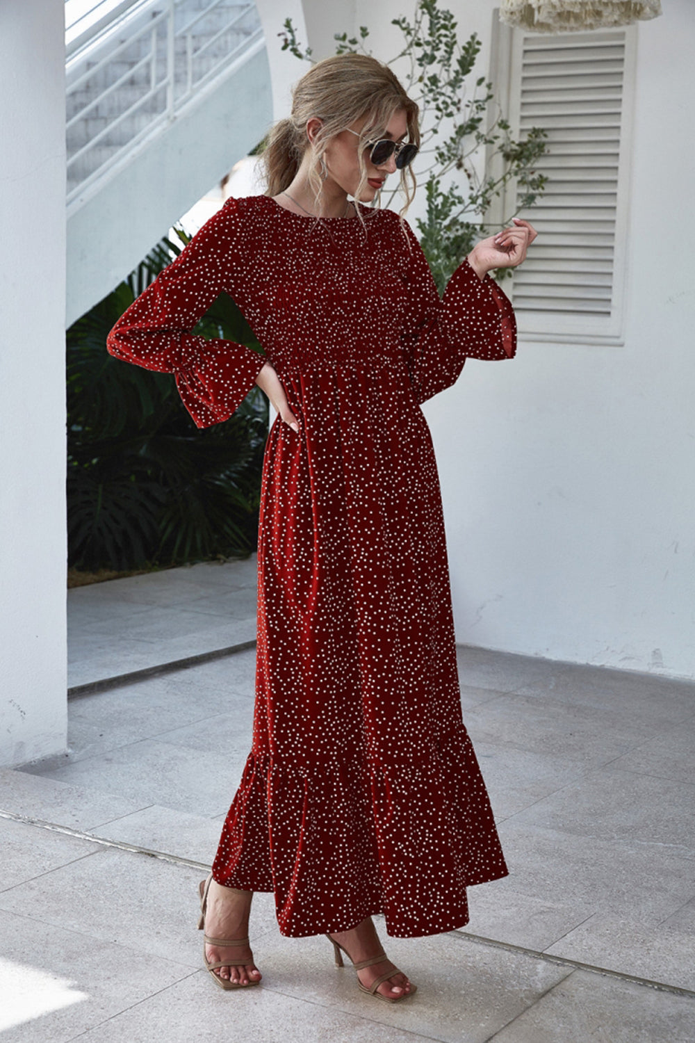 Printed Polka Dot Long Sleeve Dress - Fashionpara