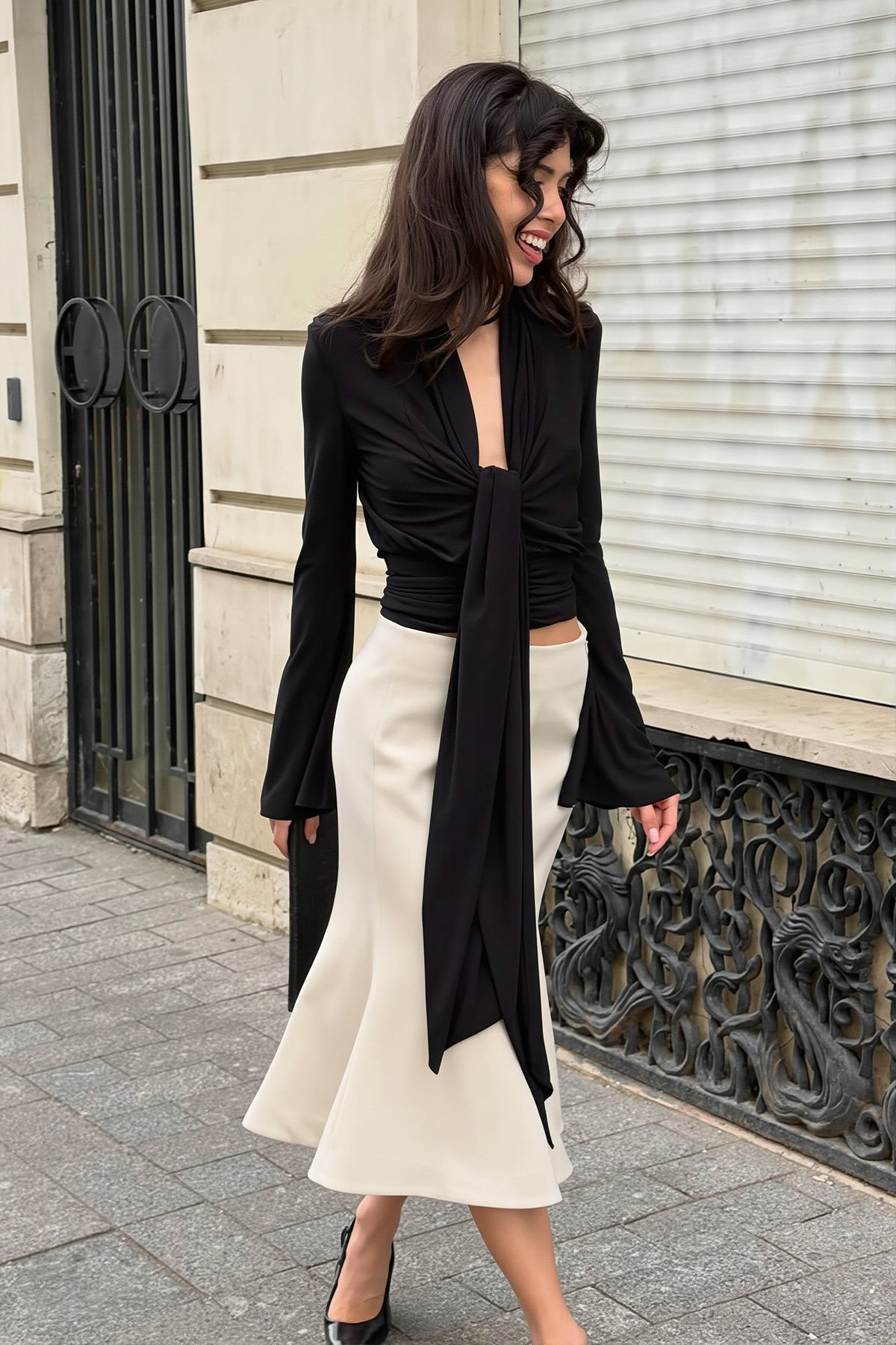Tie Front Deep V Neck Blouse