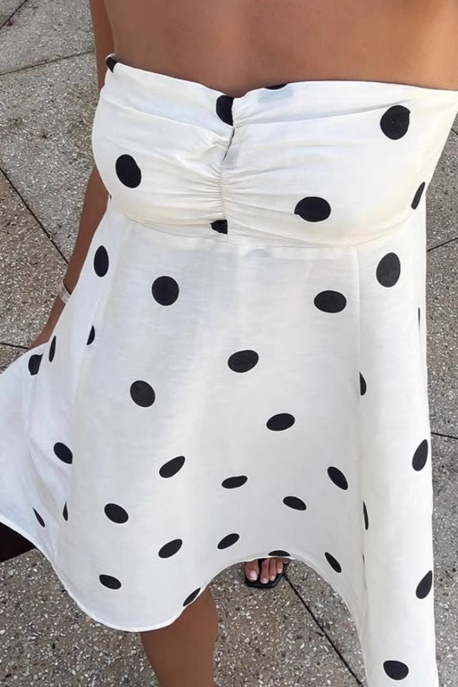 Polka Dot Strapless Scarf-Neck A-Line Mini Dress