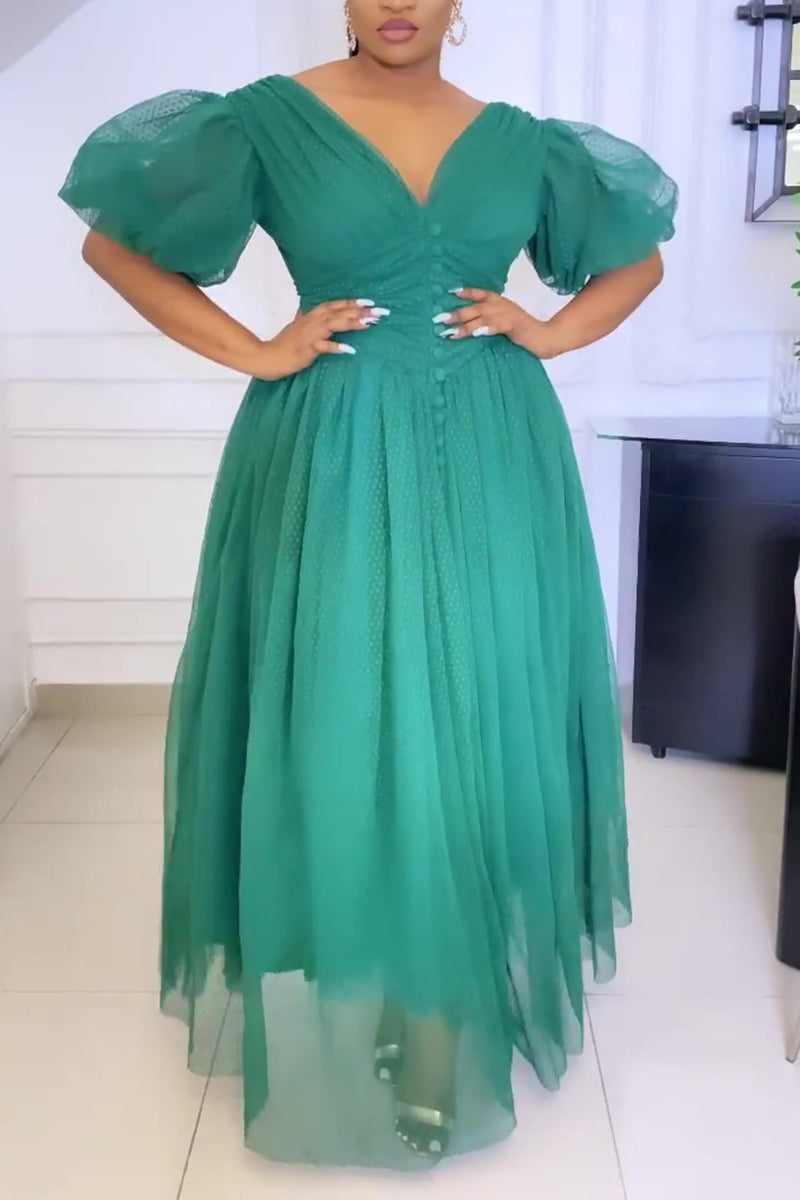 Plus Size Elegant Lace Sheer Polka Dot A-line Puff Sleeve Retro Maxi Dress  Fashionpara