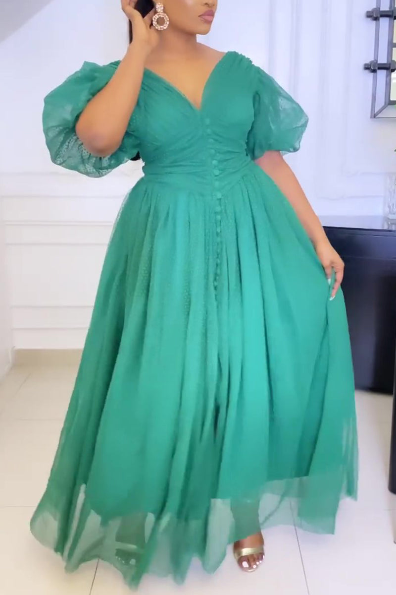 Plus Size Elegant Lace Sheer Polka Dot A-line Puff Sleeve Retro Maxi Dress  Fashionpara