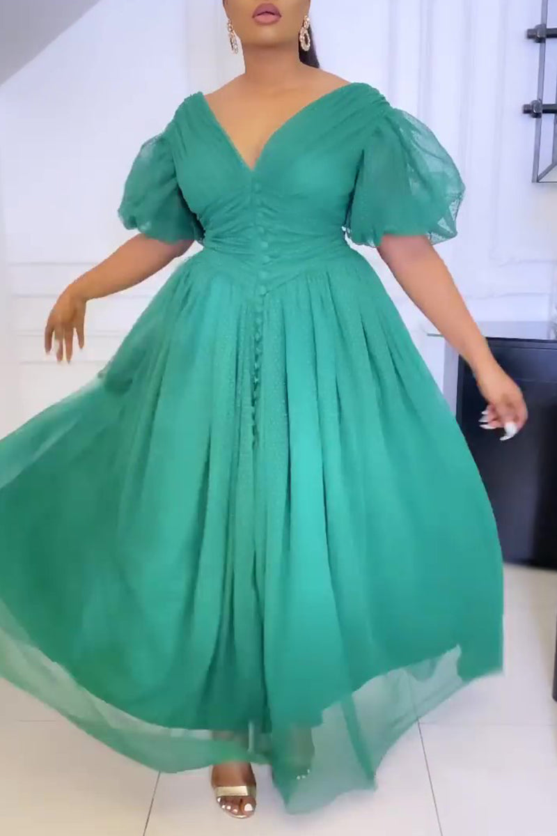 Plus Size Elegant Lace Sheer Polka Dot A-line Puff Sleeve Retro Maxi Dress  Fashionpara