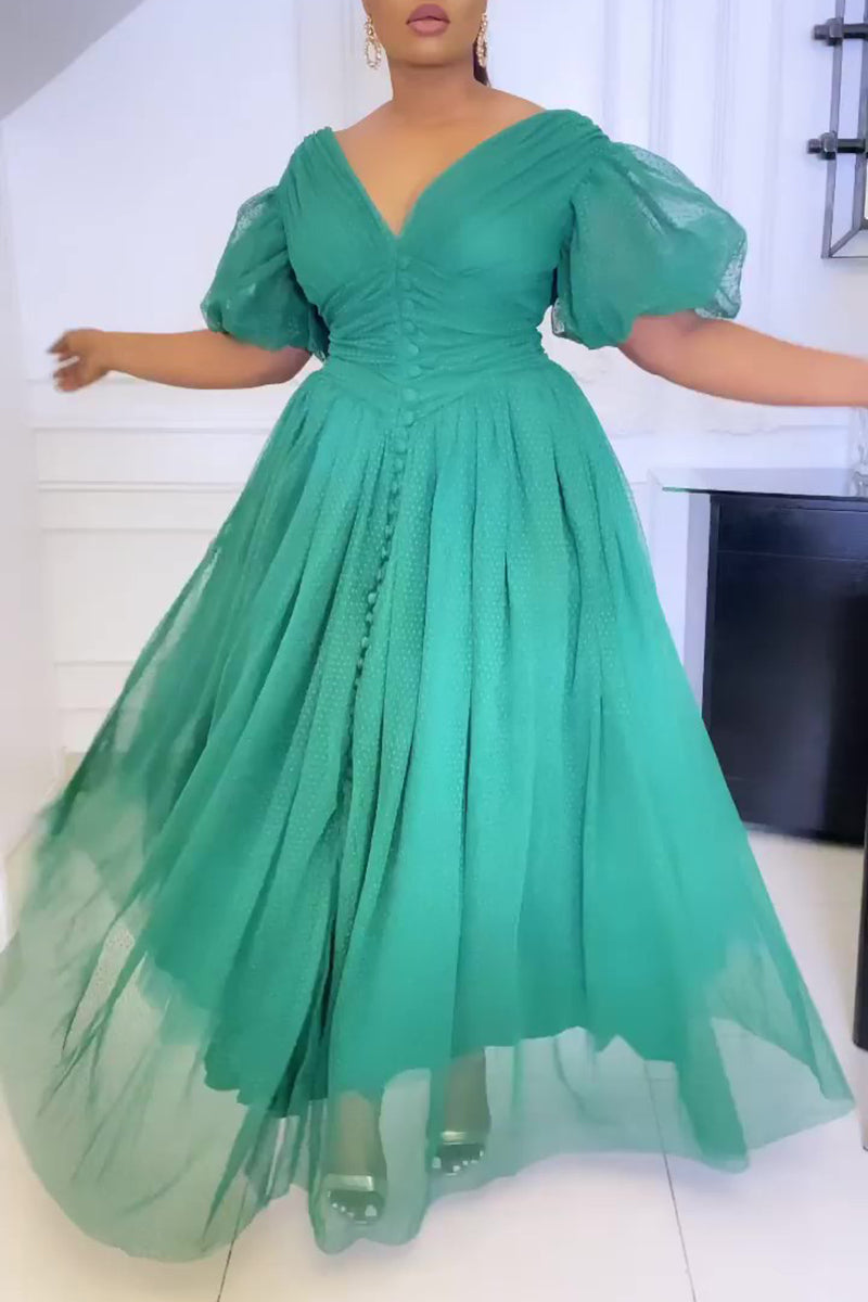 Plus Size Elegant Lace Sheer Polka Dot A-line Puff Sleeve Retro Maxi Dress  Fashionpara