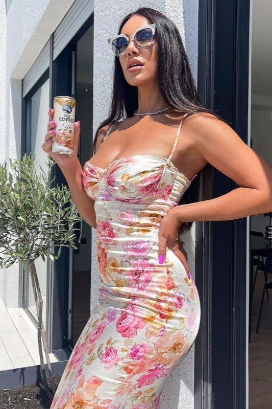 Floral Spaghetti Strap Backless Fitted Maxi Dress