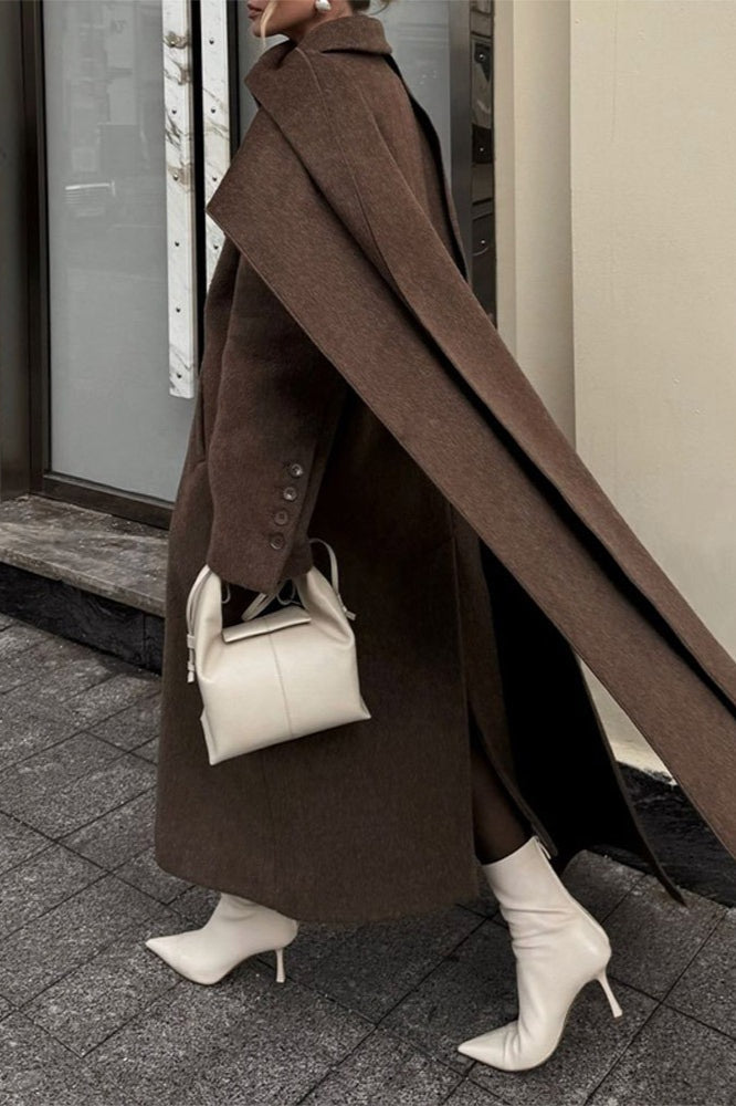 Extra-Long Woolen Overcoat with Scarf Collar for Elegance