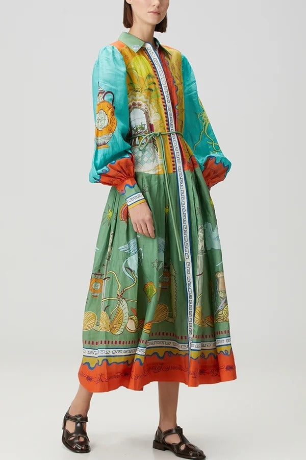 Puts A Smile Unique Print Lapel Lantern Sleeve Waist Tie Midi Dress - Fashionpara