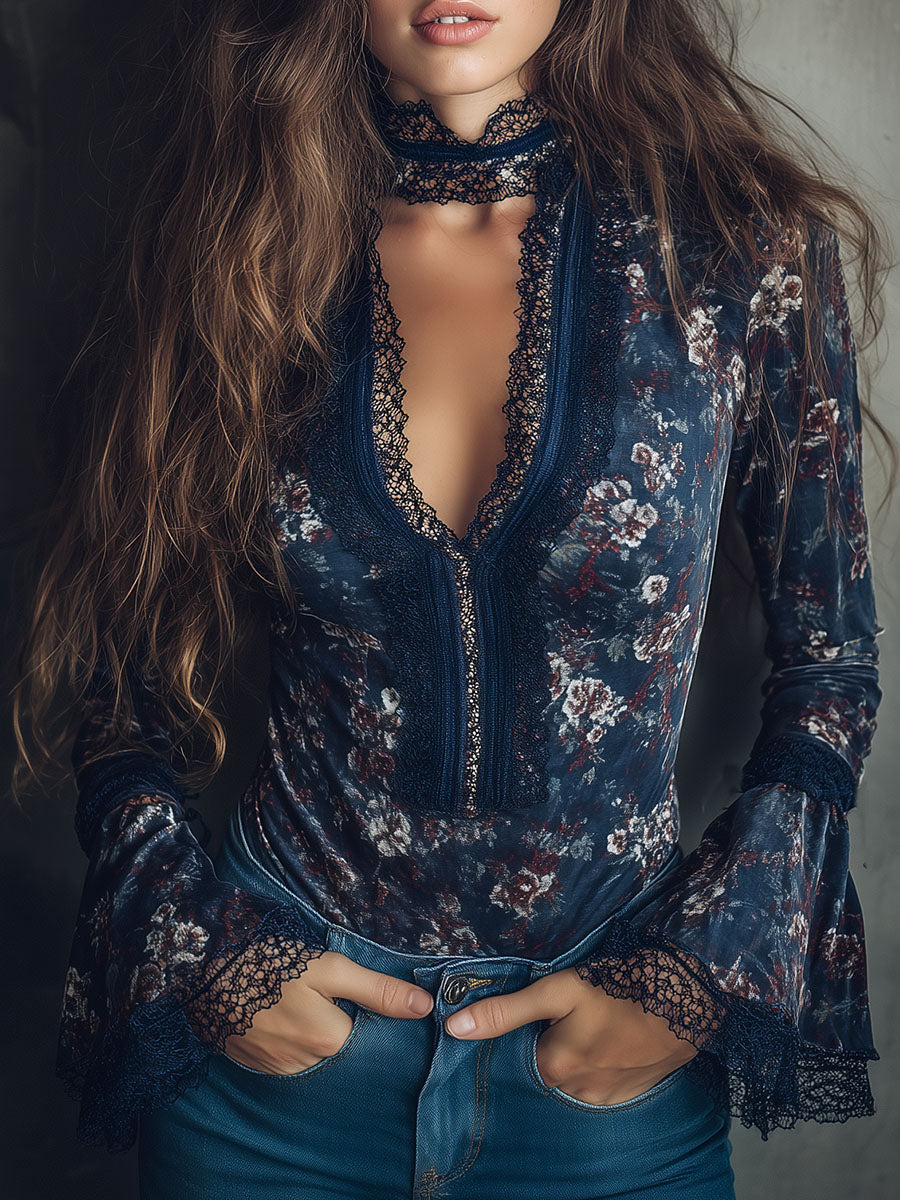 Vintage Floral Velvet Bell Cuffs Lace Blouse - Fashionpara