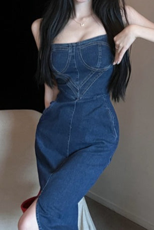 Denim Strapless Corset High-Slit Bodycon Dress