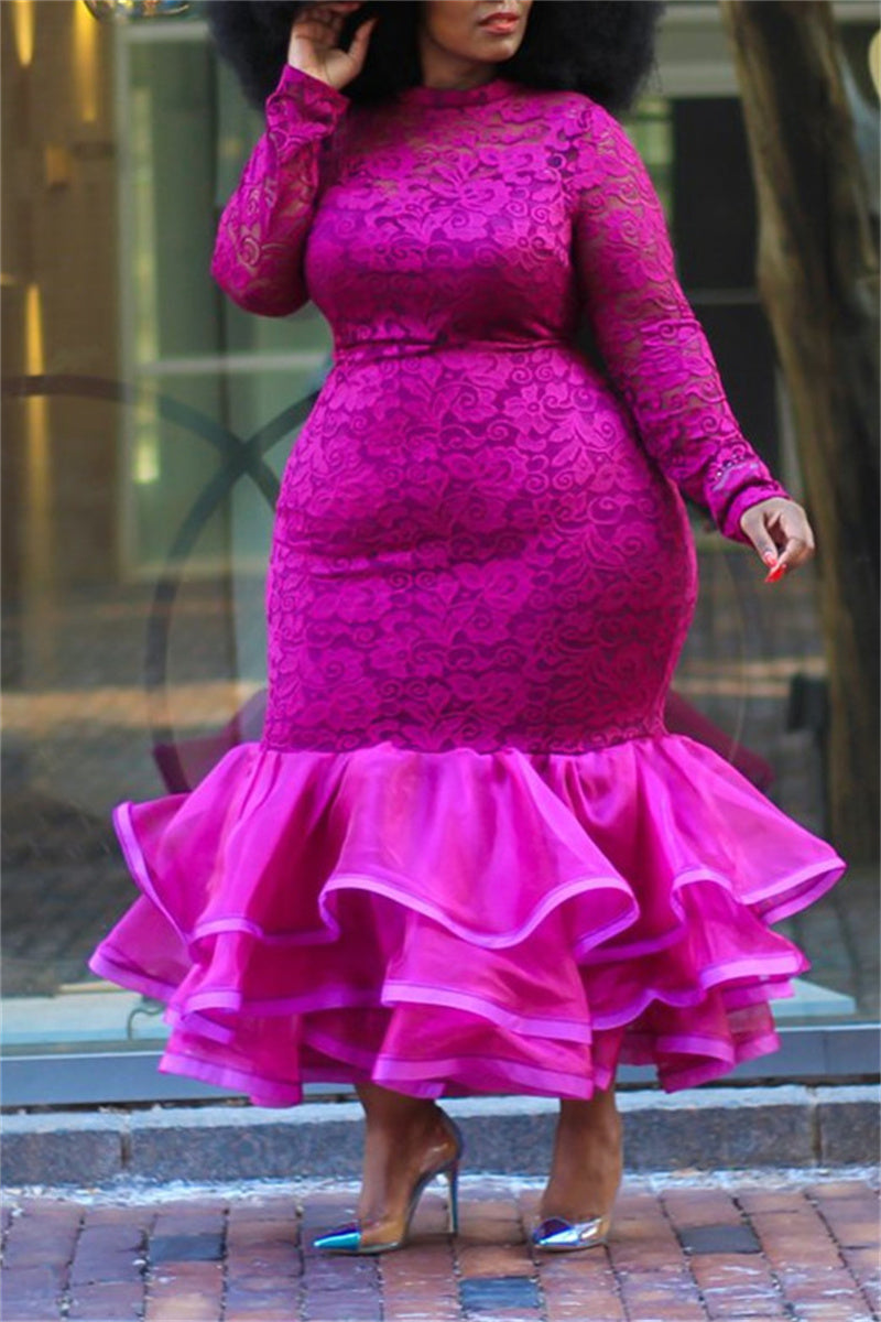 Plus Size Ruffle Lace Long Sleeve Bodycon Midi Dress  Fashionpara