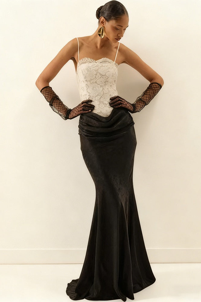 Lace Bodice Spaghetti Strap Draped Mermaid Gown