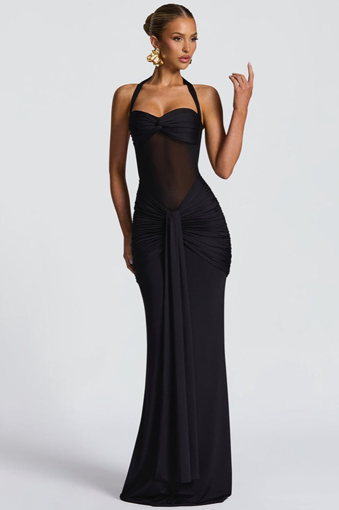 Halter Twist-Front Mesh Panel Ruched Mermaid Gown
