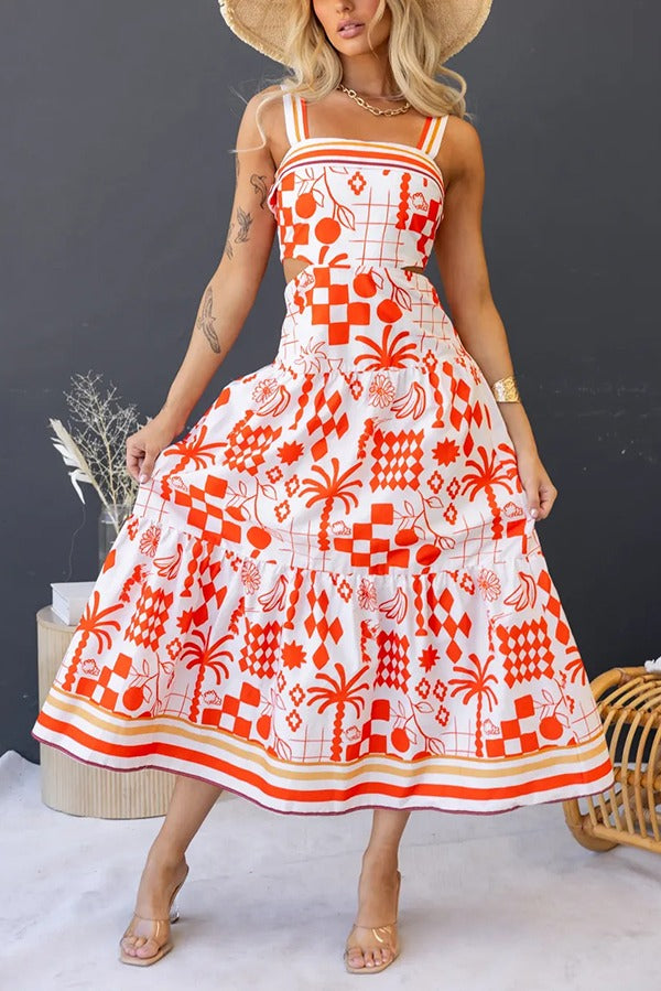 Unique Print Waist Cutout Back Gathered Suspender Maxi Dress - Fashionpara