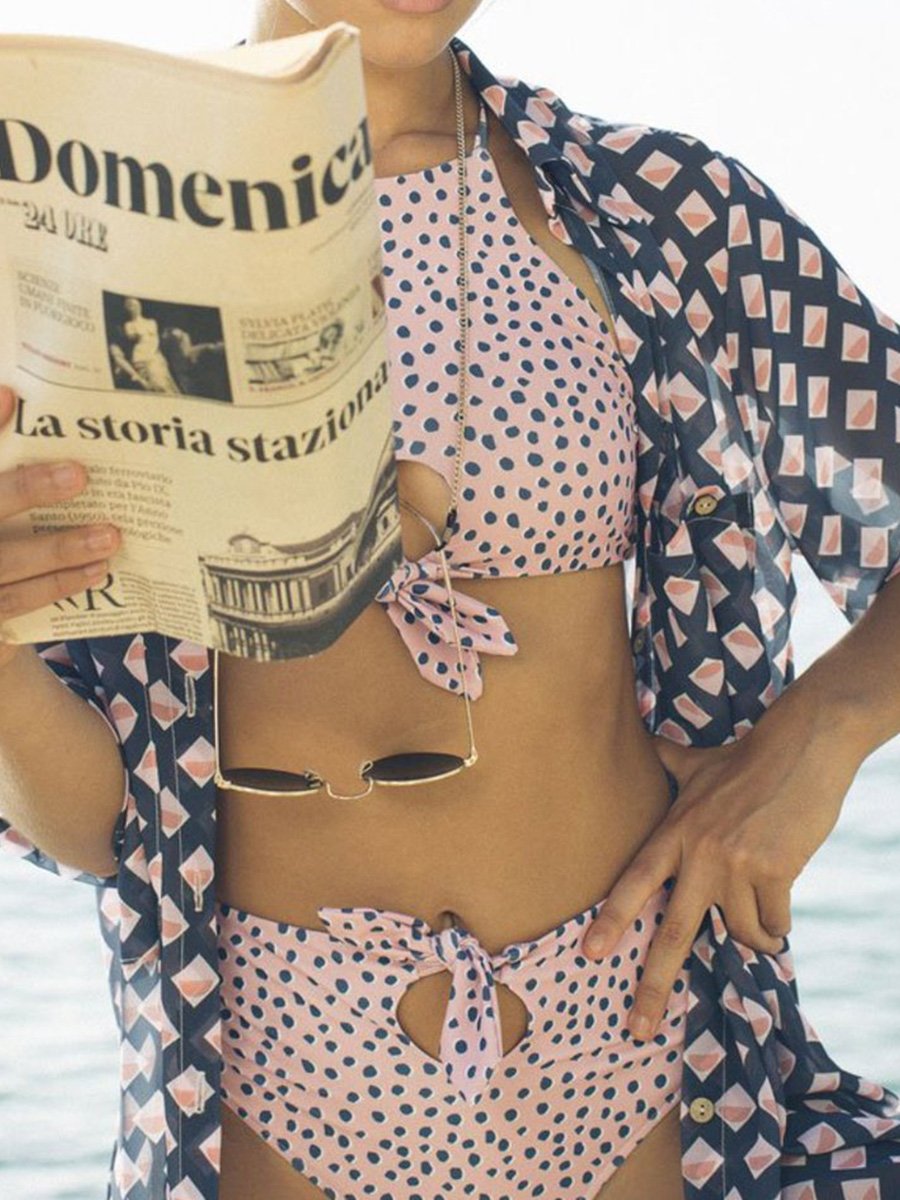 Polka Dot Print High Waist High Neck Two Pieces Swimsuit - Fashionpara