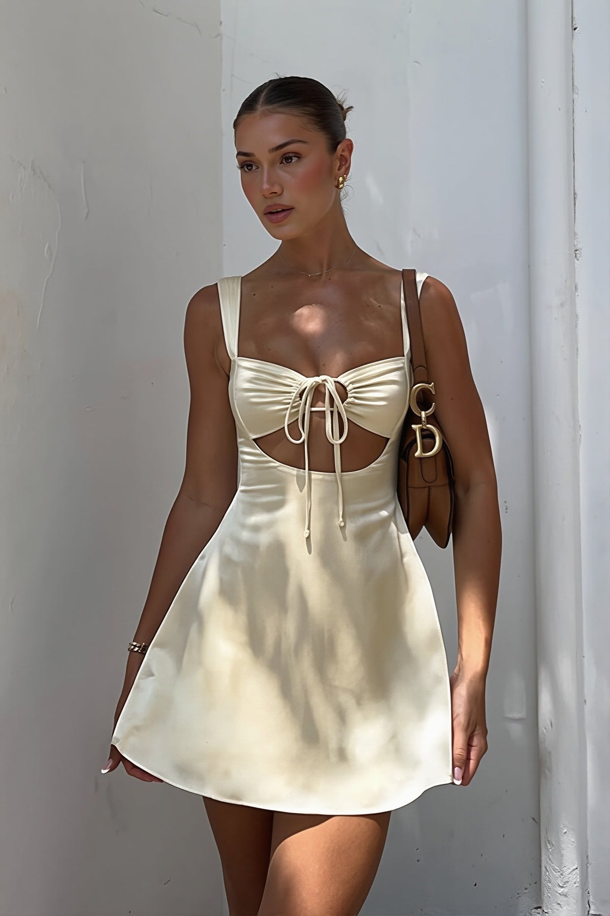 Satin Cut Out Tie Front A-Line Mini Dress