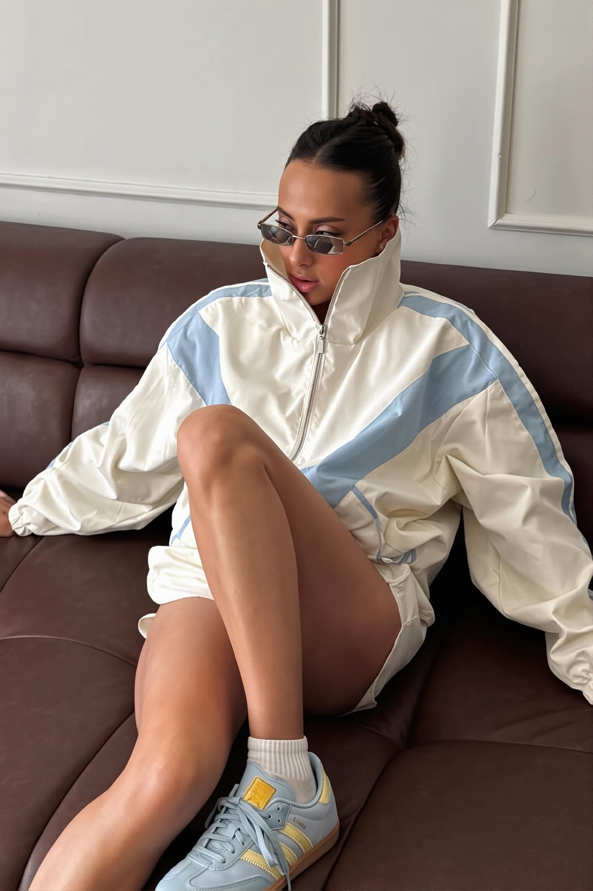 Chevron Color Block Windbreaker Shorts Set