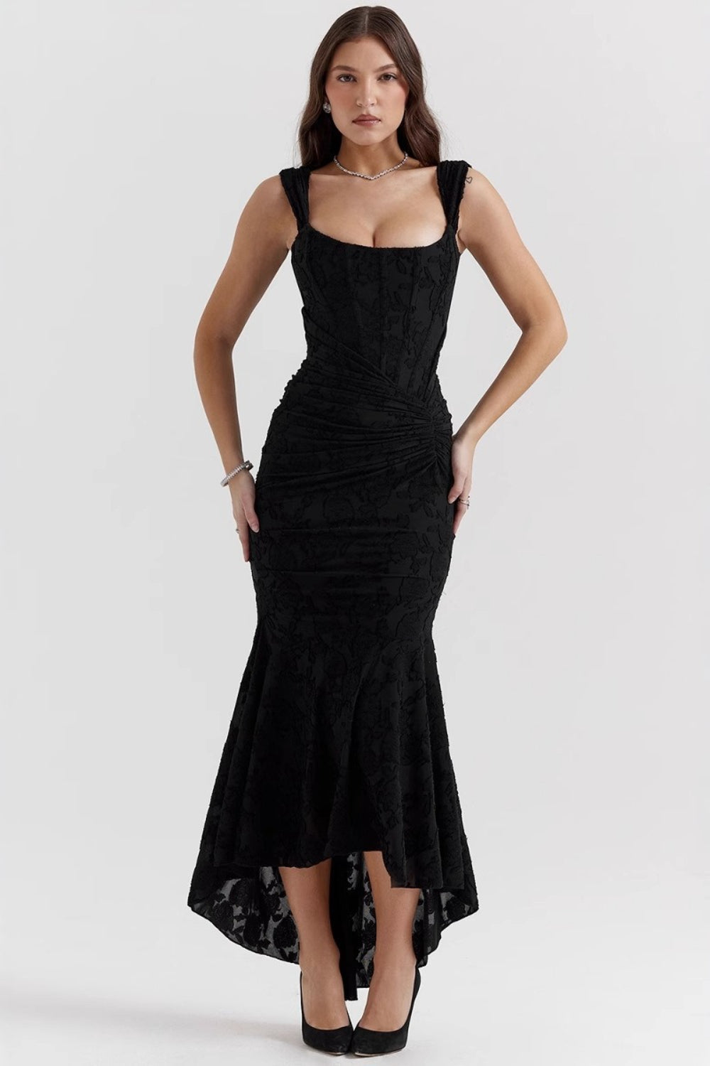 Square Neck Sleeveless Corset Ruched Fishtail Midi Dress - View 5