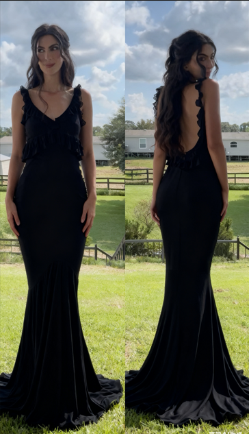 Classy V Neck Black Satin Chiffon Ruffle Mermaid Prom Dress Birthday Party Dress D1110