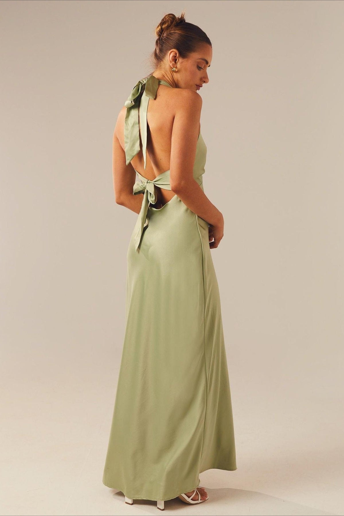Satin Halter V-Neck Bias Cut Maxi Bridesmaid Gown