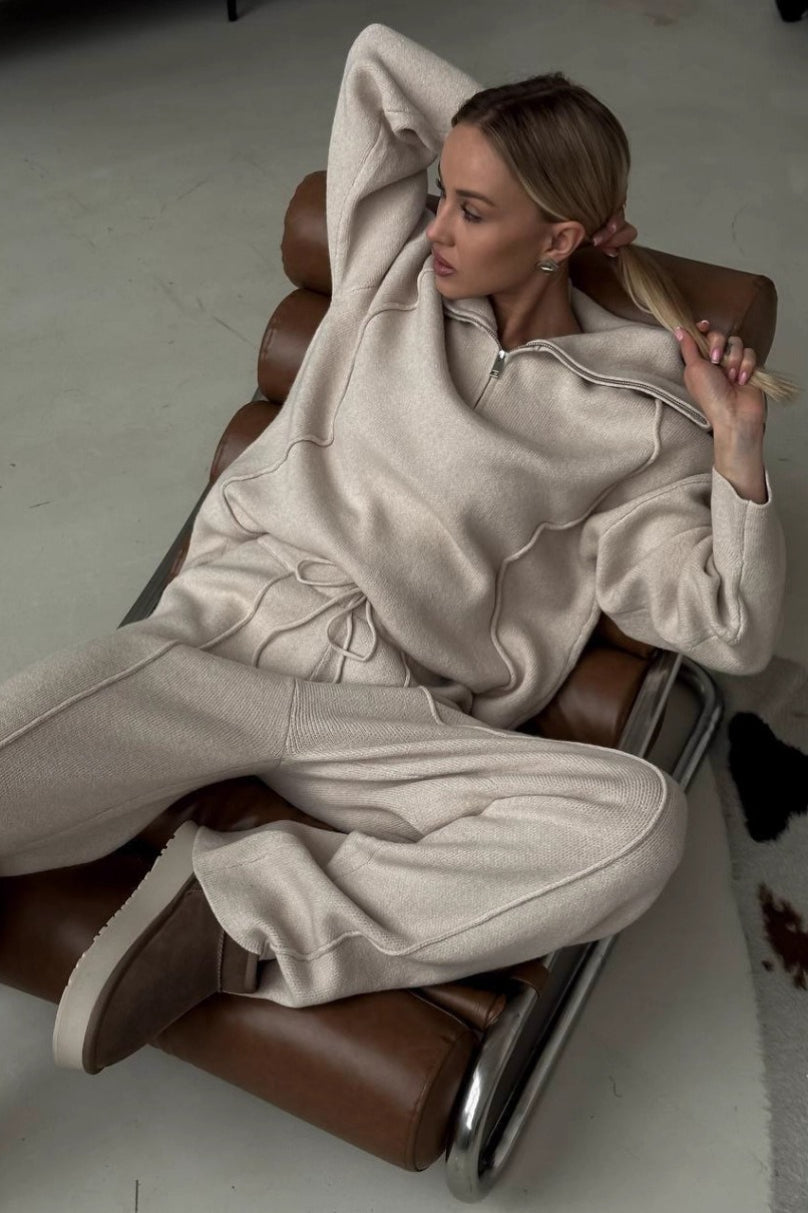 Turtleneck Half Zip Solid Casual Pants Two Piece Set
