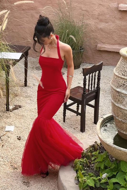 Backless Square-Neck Halter Tulle Mermaid Gown