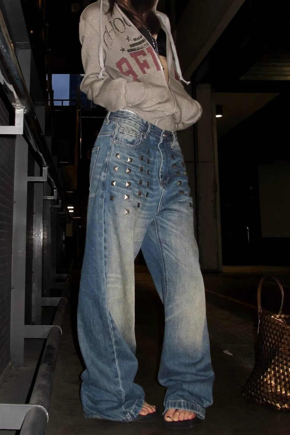 Rhinestone Loose Fit Wide Leg Jeans