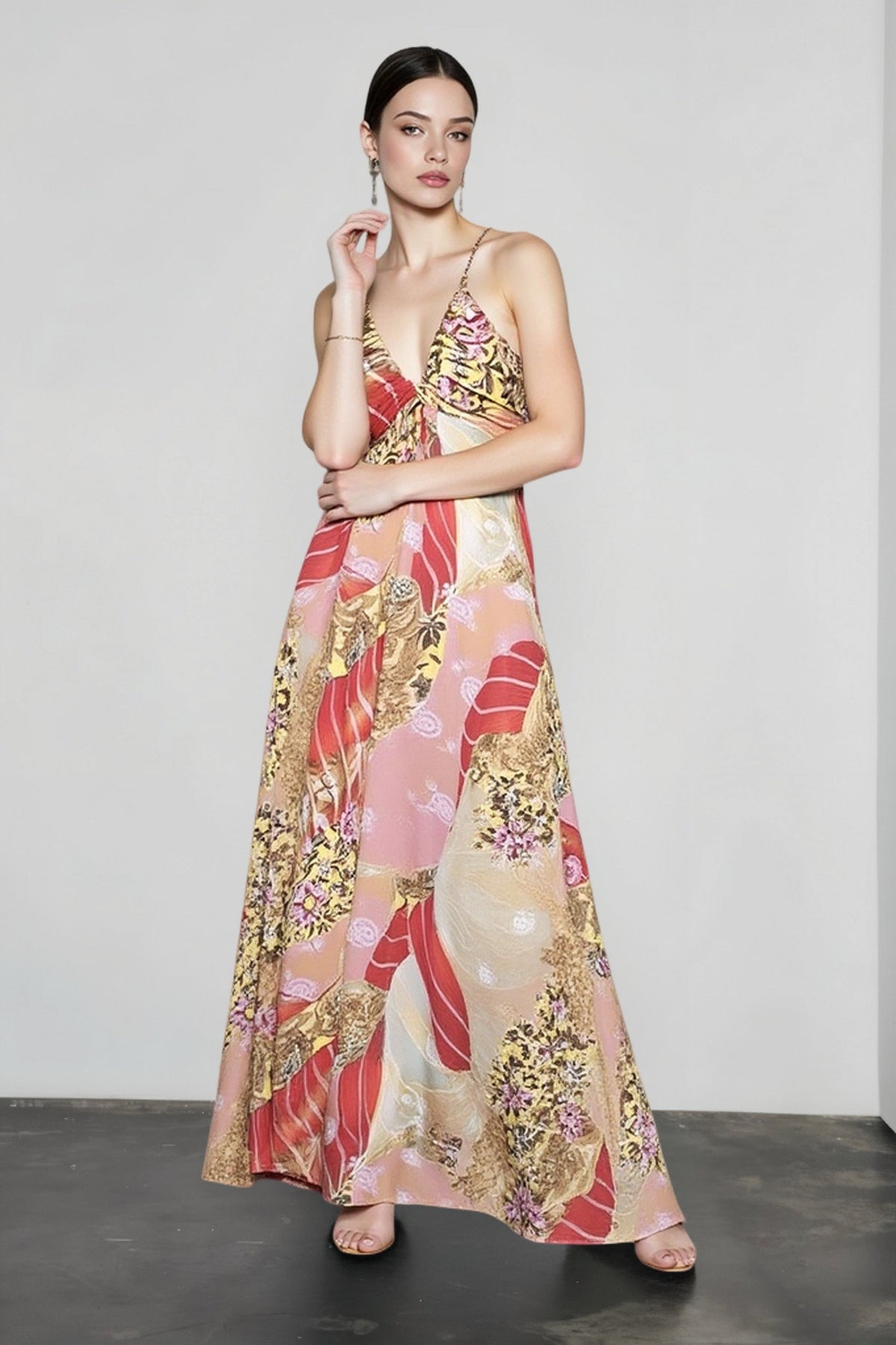 Floral Print Plunge V-Neck Spaghetti Strap Maxi Dress