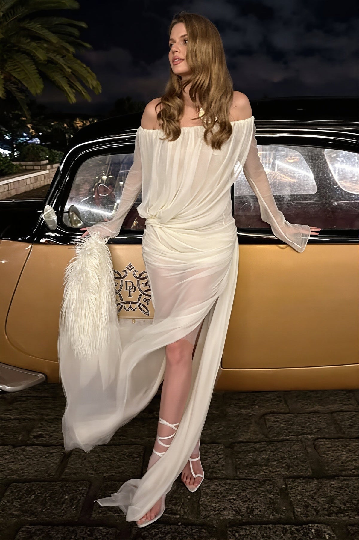 Off Shoulder Long Sleeve Draped Sheer Maxi Dress