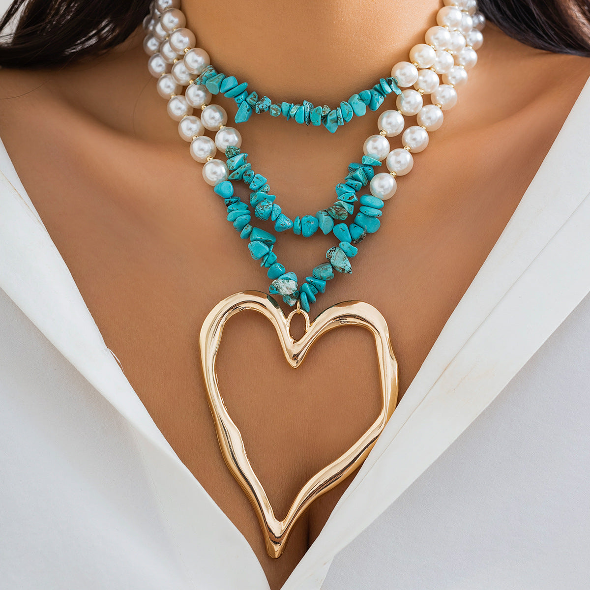 Retro Three-layer Big Heart Turquoise Necklace