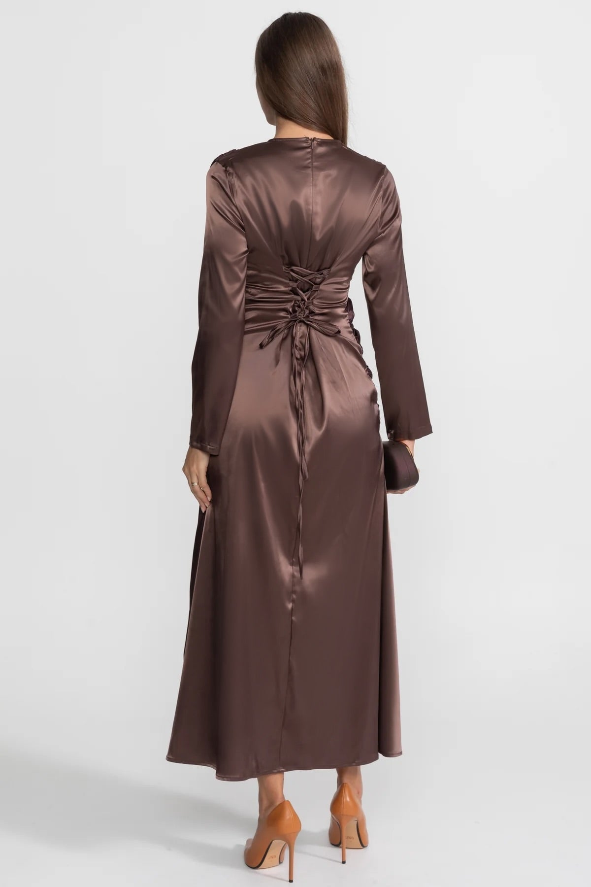 Satin Midi Dress with Draped Overlay and Knot Detail - Brown - View 2
