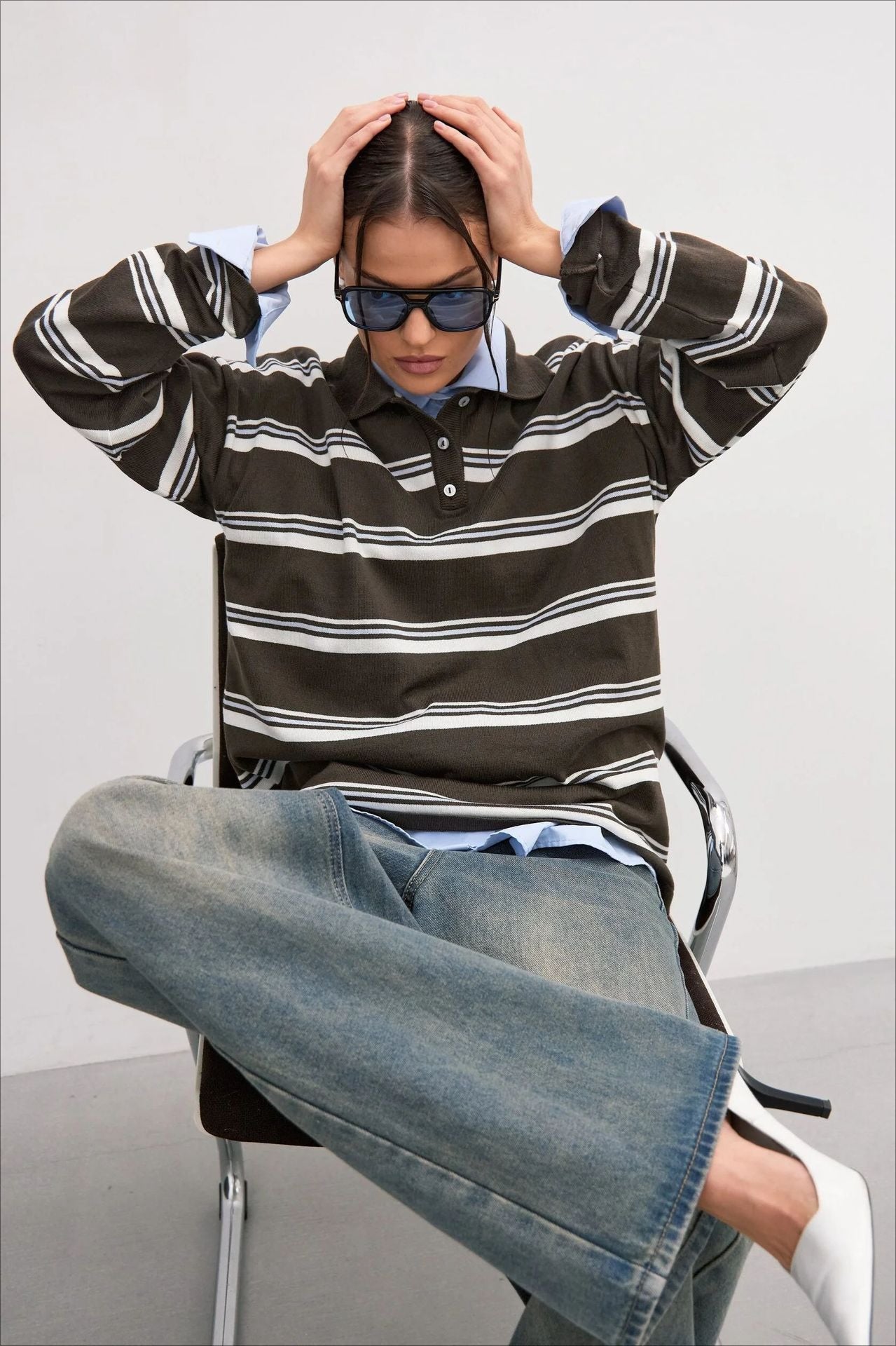 Relaxed Collared Striped Long Sleeve Blouse