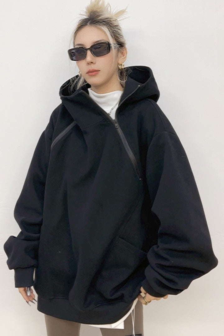 Oversized Hooded Sweatshirt with Side Zipper Hoodie - Fashionpara