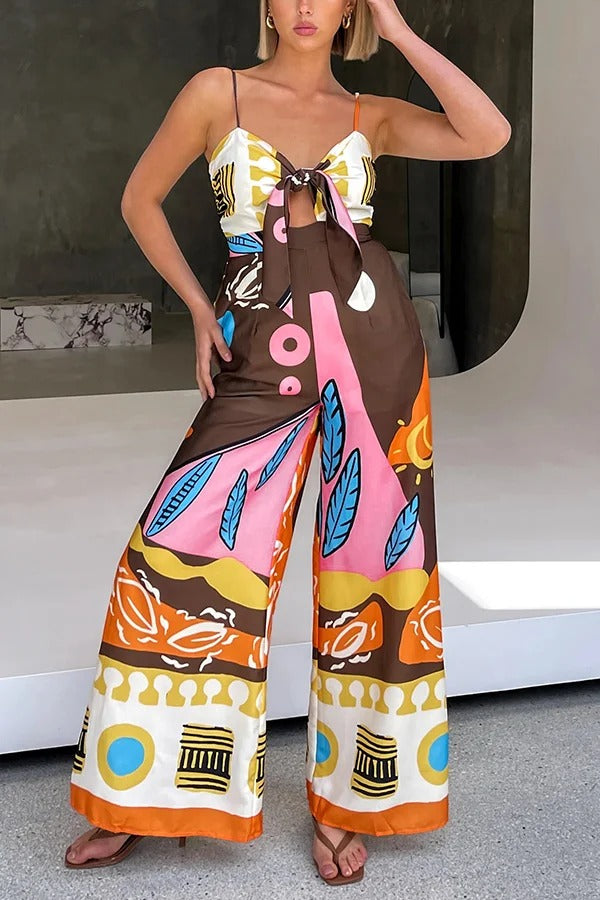 Unique Printed Suspenders Hollow Waist Wide-leg Jumpsuit - Fashionpara
