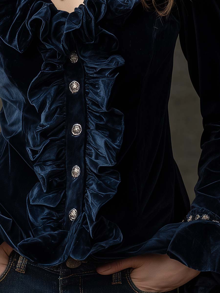 Midnight Blue Ruffled Velvet Shirt With Crystal Buttons - Fashionpara