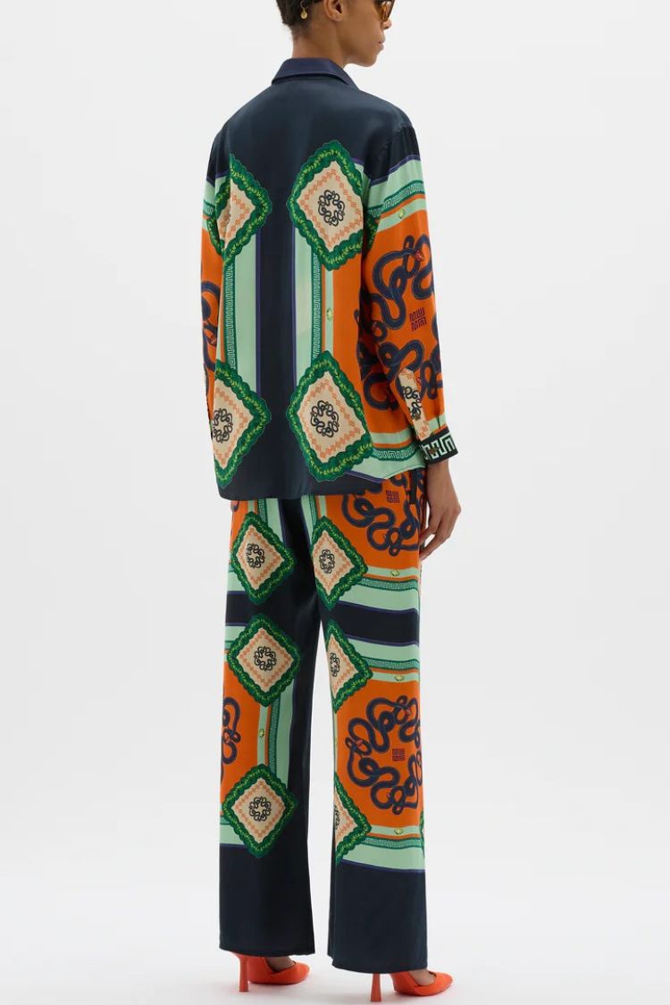 Vacation Times Satin Unique Print Long Sleeve Shirt And Elastic Waist Pocketed Wide Leg Pants - Fashionpara